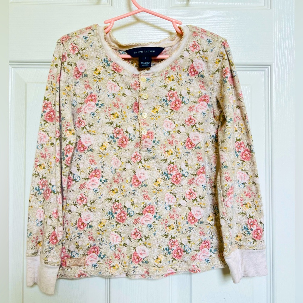 Ralph Lauren Cream and Pink Long Sleeve Tee with Floral Design